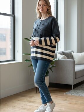 KEREN hart Navy and Cream Striped Double-Breasted Cardigan